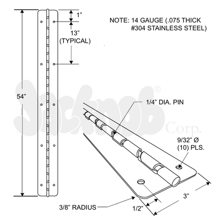 PIANO HINGE 3"W X 54"L, 1/4" PIN -CAM-ZERO OPEN-SS 304, (14 Gauge)-130209 (3/8" RADIUS CORNER) NON-HANDED