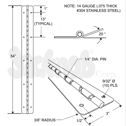 PIANO HINGE 3"W X 54"L, 1/4" PIN -CAM-20 DEGREES OPEN-SS 304, (14 Gauge) -130219 (3/8" RADIUS CORNER) NON-HANDED.