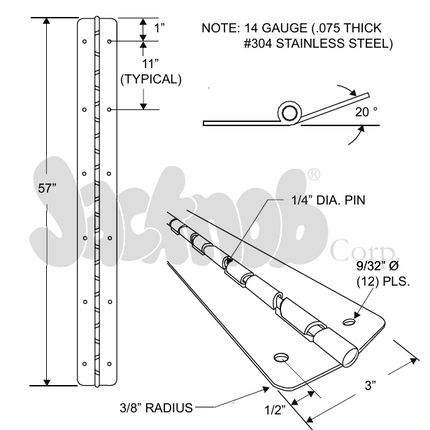 PIANO HINGE 3"W X 57"L, 1/4" PIN -CAM-20 DEGREES OPEN-SS 304, (14 Gauge) -160039 (3/8" RADIUS CORNER) NON-HANDED