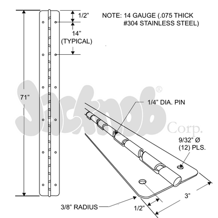 PIANO HINGE 3"W X 71"L, 1/4" PIN -CAM-ZERO OPEN-SS 304, (14 Gauge)-160799 (3/8" RADIUS CORNER) NON-HANDED.