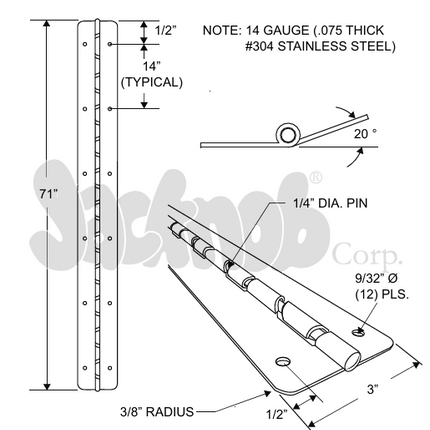 PIANO HINGE 3"W X 71"L, 1/4" PIN -CAM-20 DEGREES OPEN-SS 304, (14 Gauge) -160809 (3/8" RADIUS CORNER) NON-HANDED