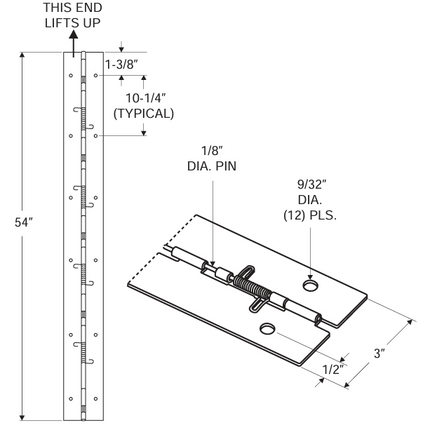 PIANO HINGE 3"W X 54"L, 7969- 1/8" PIN -4 SPRINGS (LH-IN/RH-OUT)-LIFT STAINLESS,(16 Gauge)