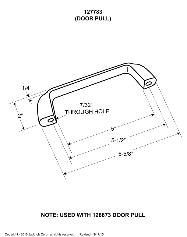 DOOR PULL W/THROUGH HOLE 127783 TO BE USED W/126673. CASTED STAINLESS STEEL 5 1/2" CH.