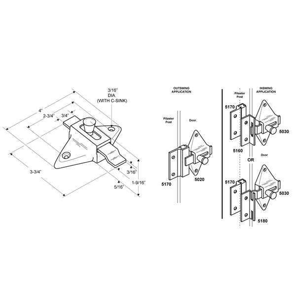 LATCH-SLIDE 5033 Surface Mounted-OFFSET CASTED STAINLESS STEEL. (2 3/4" HC)