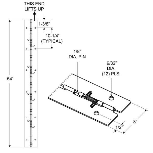 PIANO HINGE 3"W X 54"L, 7959- 1/8" PIN -4 SPRINGS (RH-IN/LH-OUT)-LIFT STAINLESS,(16 Gauge)