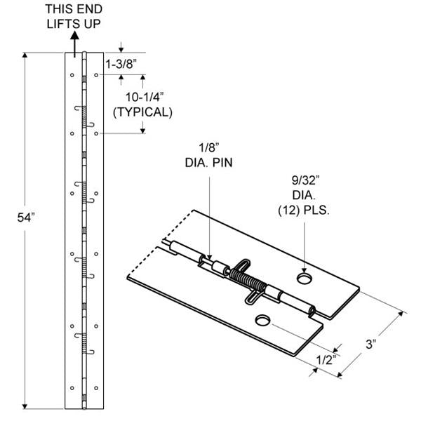 PIANO HINGE 3"W X 54"L, 7969- 1/8" PIN -4 SPRINGS (LH-IN/RH-OUT)-LIFT STAINLESS,(16 Gauge)